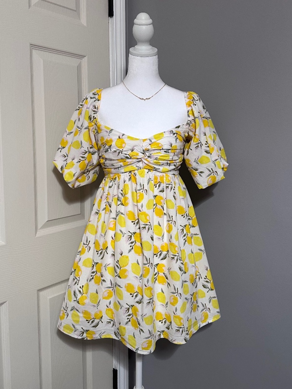 Coquette Babydoll Lemon Tropical Mini Dress with Puff Sleeve